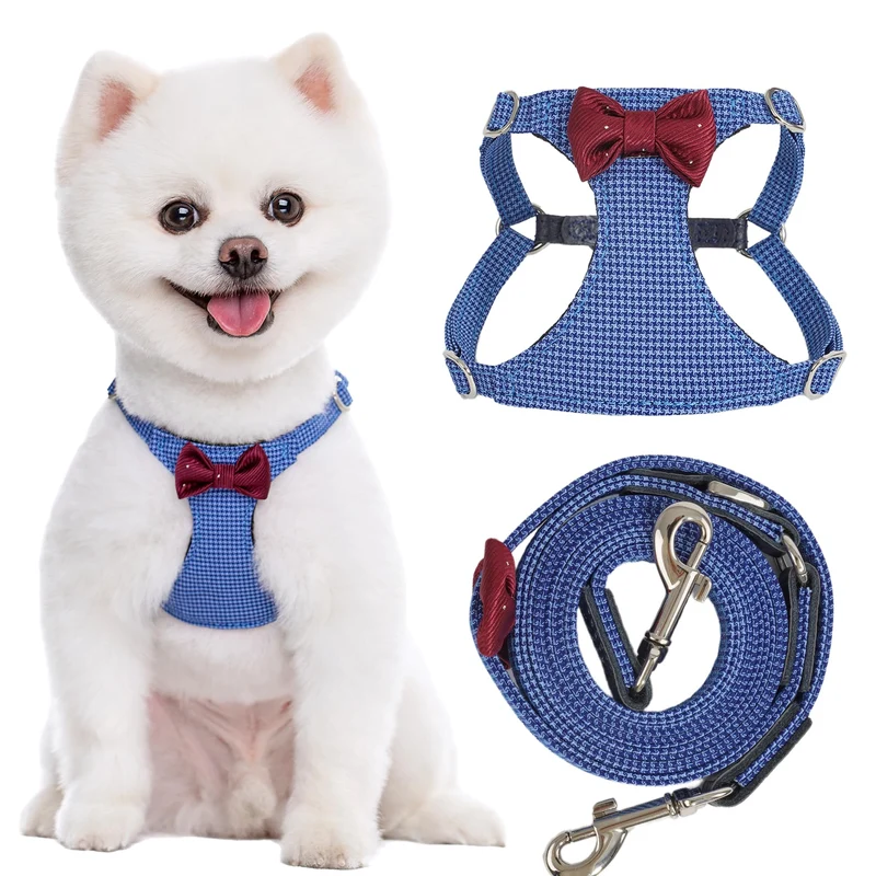 Puppytie Harnais anti-traction pour petit chien – Laisse multifonction, léger et confortable – Plaid bleu – Taille S
