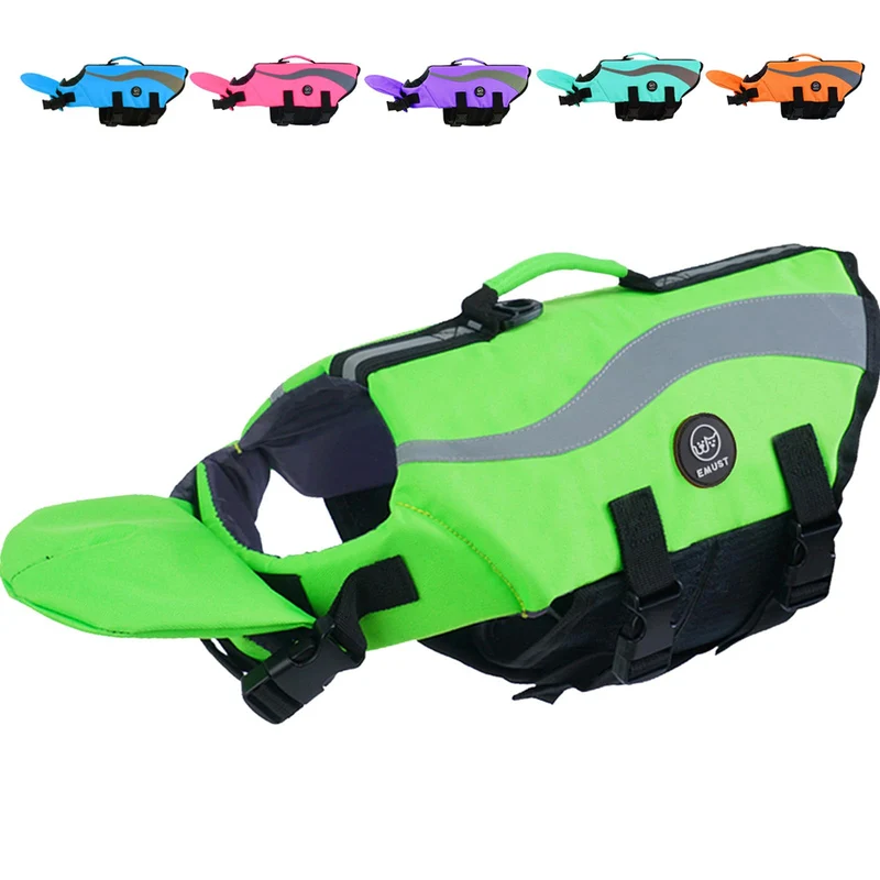 EMUST Gilet de sauvetage pour chien – grandes tailles, double poignée, bandes réfléchissantes, vert (L)