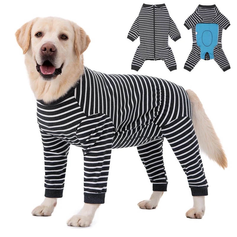 Yeapeeto Combinaison de Récupération pour Chien – fermeture-éclair frontale, protection abdomen, tailles XL à 7XL (gris rayé)