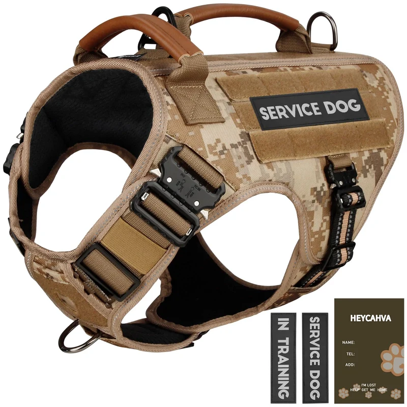HEYCAHVA Gilet-service pour chien — Harnais tactique avec boucles métalliques, poignée en cuir et bandes réfléchissantes (Camouflage désert, Taille L)