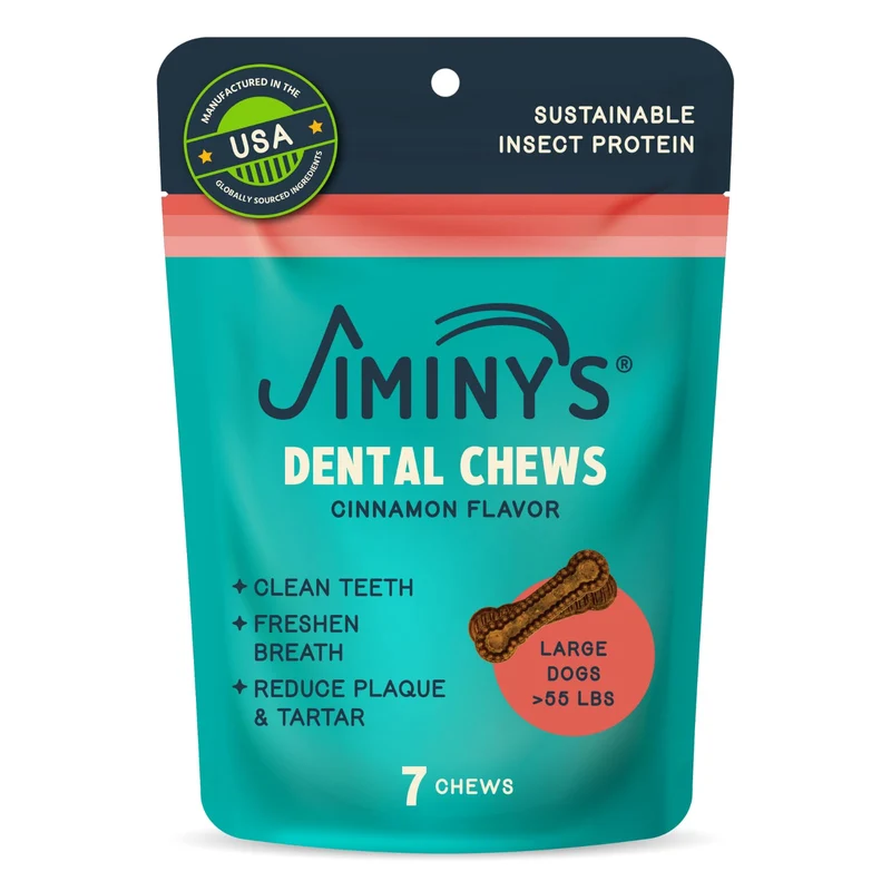 Jiminy's Dental Chews pour chiens – saveur cannelle, hygiène buccale potentielle, dents propres, haleine fraîche, plaque et tartre, Grand format, 7 pièces (lot de 6)