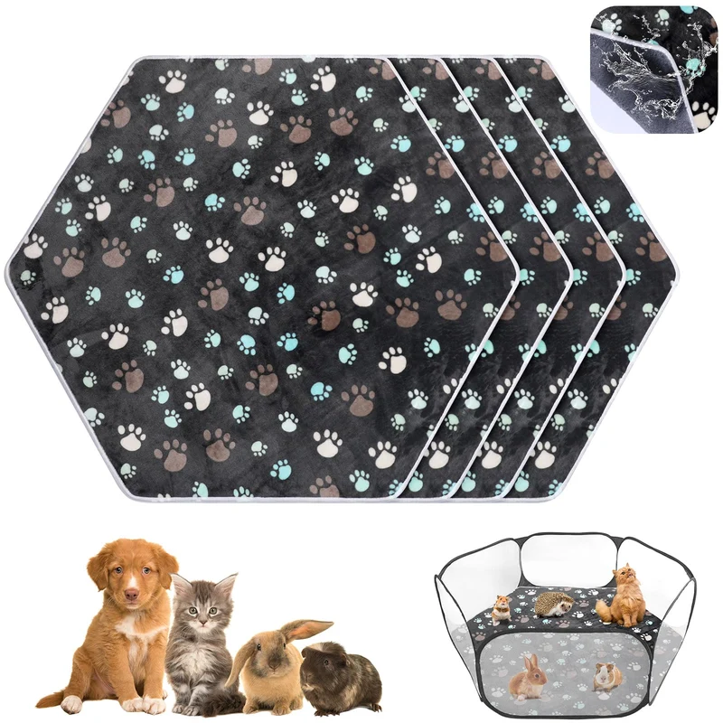 Preboun 4 Tapis Hexagonaux Imperméables pour Parc Petits Animaux – Liner Lavable (Patte-noire)