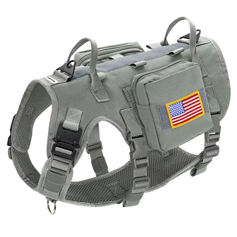 Forestpaw Harnais pour chien moyen — Harnais tactique avec poignée, poches MOLLE et patches réfléchissants (gris)