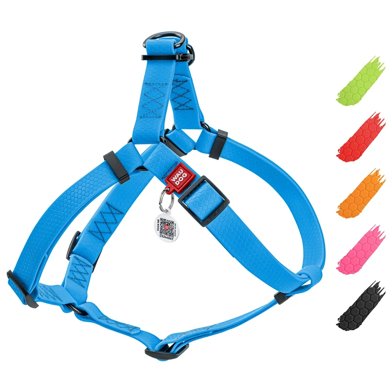 WAUDOG Harnais pour chien étanche et réglable - Attache métallique et QR - Bleu (24-35 pouces)