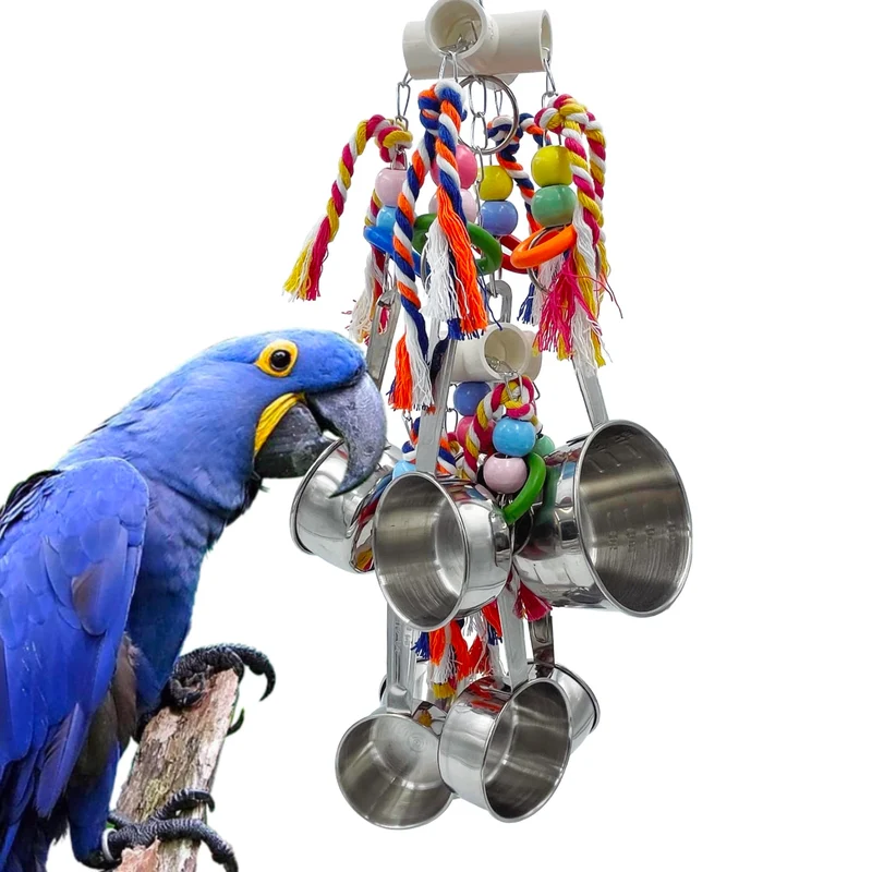 GILYGI — Pots métalliques et anneaux multicolores pour grands perroquets (8 gobelets en acier + 8 anneaux en bois)