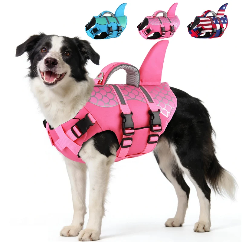 Dogcheer Gilet de Sauvetage pour Chien – Fin Requin, Néoprène, Poignée, Taille L – Rose Écailles