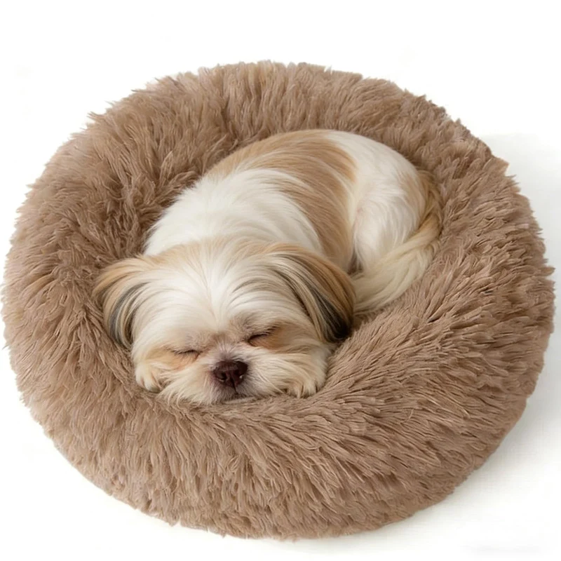 Doimier Lit Donut Calmant pour Petits Chiens et Chats – Housse Lavable, Base Anti-Dérapante, 23 pouces (Camel)