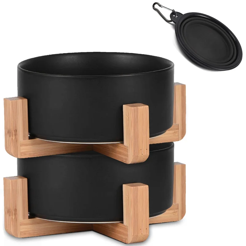 Petygooing Bol en céramique noir avec support bois — Ensemble 2 bols anti-dérapants pour chien et chat (850 ml)