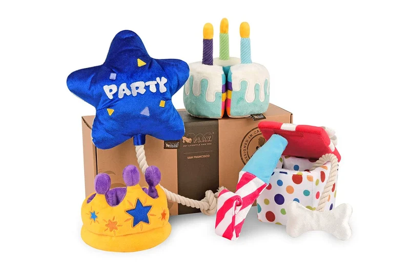 P.L.A.Y. Jouets en peluche pour chiens – Ensemble Party Time (5 pièces, taille moyenne), durables et lavables