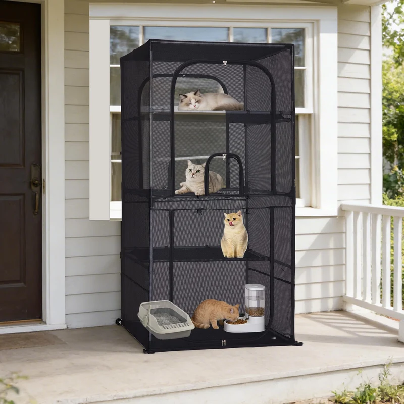 CSQOO Catio Extérieur pour Chats — Enclos 4 Niveaux, Maillage Amélioré, Portes Multiples, 79,7 × 79,7 × 160 cm