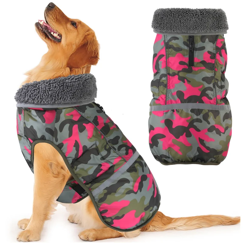 Dogcheer Manteau d'hiver pour chien – Imperméable, réfléchissant, col roulé, réglable – Camouflage Pink, Taille M