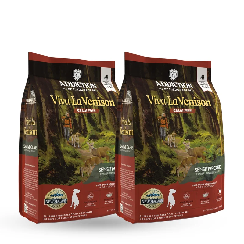 Addiction Viva La Venison – Nourriture sèche pour chiens sans poulet, bœuf ni dinde – Protéine nouvelle + prébiotiques – Nouvelle-Zélande – 4 lb (2 paquets)