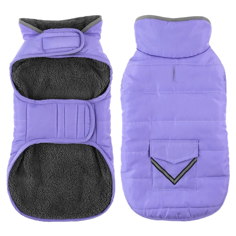 Petglad Manteau Chien Étanche d’Hiver avec Poche – Col Haut, Bandes Réfléchissantes et Doublure Fleece – Taille 3XL Violet Clair