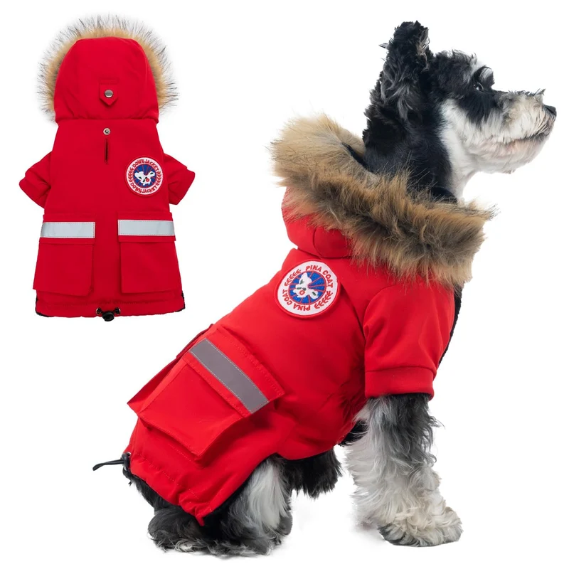 Veste PINA pour petit chien – Impermable, coupe-vent, poche, flanelle chaude et capuche fourrure