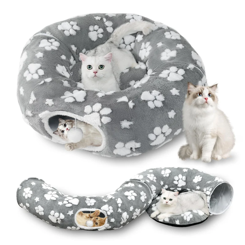 Yaning Tunnel pour Chats d'Intérieur – Grotte Peekaboo et Balles Pendantes, Lit-Tunnel Donut Gris