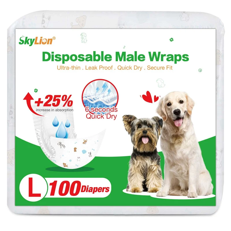 SkyLion Couches jetables pour chiens mâles – Ultra absorbantes, 100 pièces, Large, Étanches et Respirantes