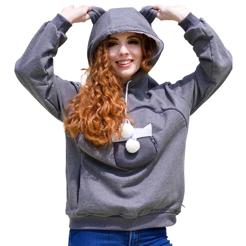 ALYC Hoodie Porte-Animaux pour Femmes – Poche Large, Oreilles de Chat, Gris Foncé, Taille Large