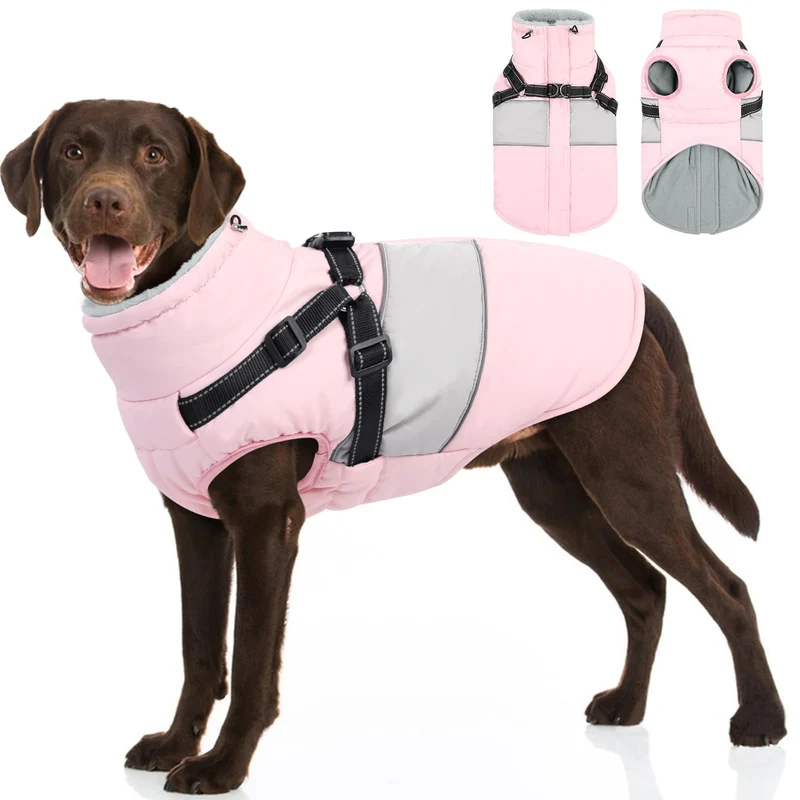 SUNFURA Manteau Chien XXL 2XL – Veste d’Hiver Imperméable avec Harnais Intégré et Col Fourrure Rose