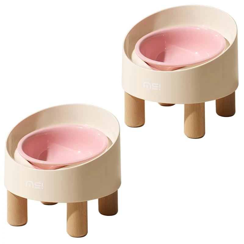 MS!MAKE SURE Bols en céramique elevés avec socle en bois – Chats et petits chiens – Rose