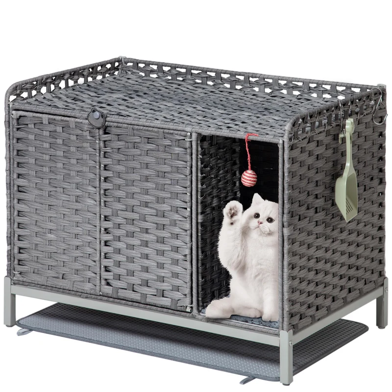 SETVSON Boîte-litière pour chat en rotin tissé Gris – Meuble cachant la litière, 79,5 x 50 x 61 cm