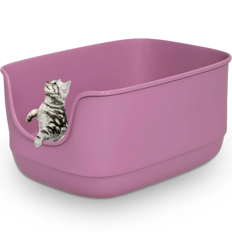 Gefryco Grande Litière pour Chat – Bac à Litière Ouvert XXL, Murs Hauteurs Anti‑Éclaboussures, Rose