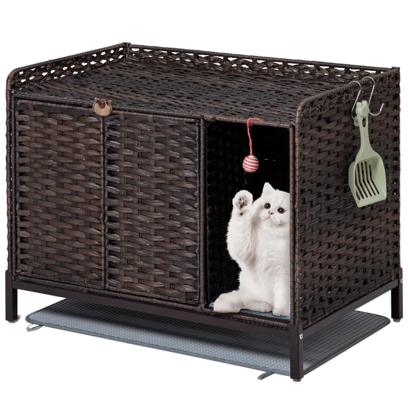 SETVSON Boîte Litière Cachee en Rotin avec Diviseur — Meuble Litière Chat 31,2 x 19,6 x 24,2 po