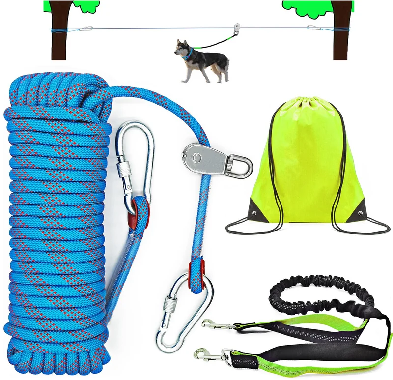 Câble d'attache pour chien SIAELT – 100ft, Système de poulie et Laisse Bungee 4ft