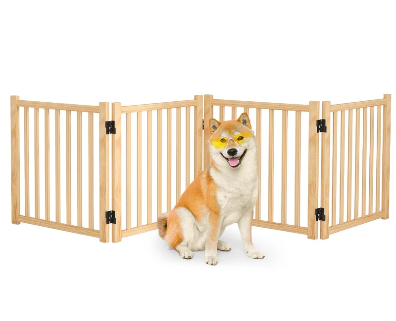 Barrière pour chien Oapety en bois naturel — 4 panneaux autoportante, hauteur 58 cm