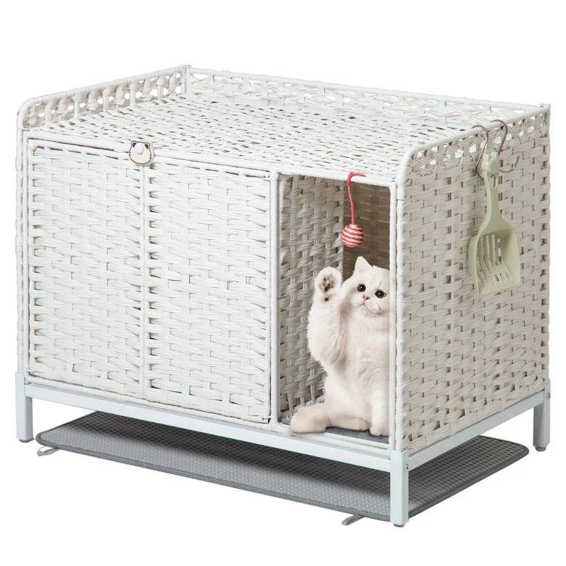 SETVSON Boîte Litière Cachée en Rotin Tissé avec Diviseur – Meuble pour Chat Blanc 31,2 x 19,6 x 24,2 po