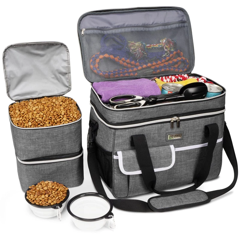 BAGLHER Sac de voyage pour chien et chat – Double couche, cabine aérienne, organiseur week-end avec 2 contenants et 2 bols pliables, gris