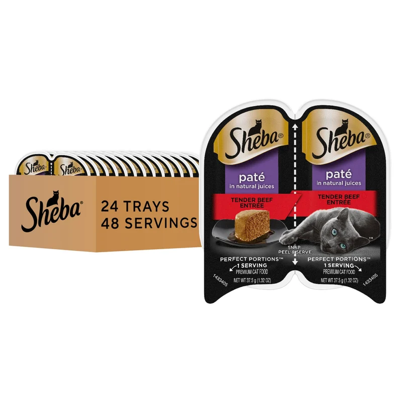 Sheba Perfect Portions Pâté Boeuf Tendre – Nourriture humide pour chat, emballage double (24 portions, 48 portions servies)
