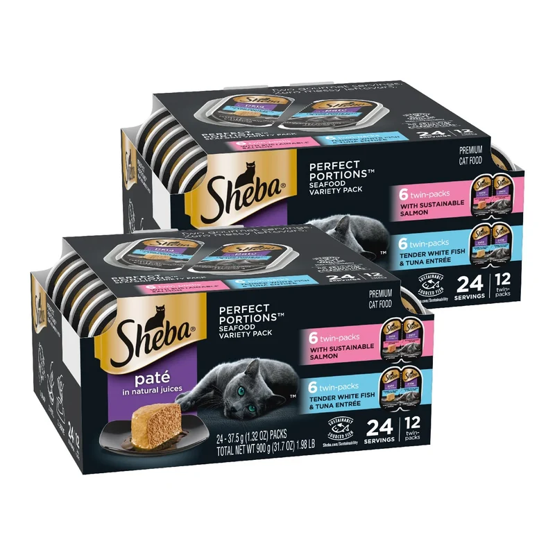Sheba Perfect Portions Pâté pour Chats – Saumon Durable, Thon et Poisson Blanc, Variété (2×12 barquettes, 2,6 oz)