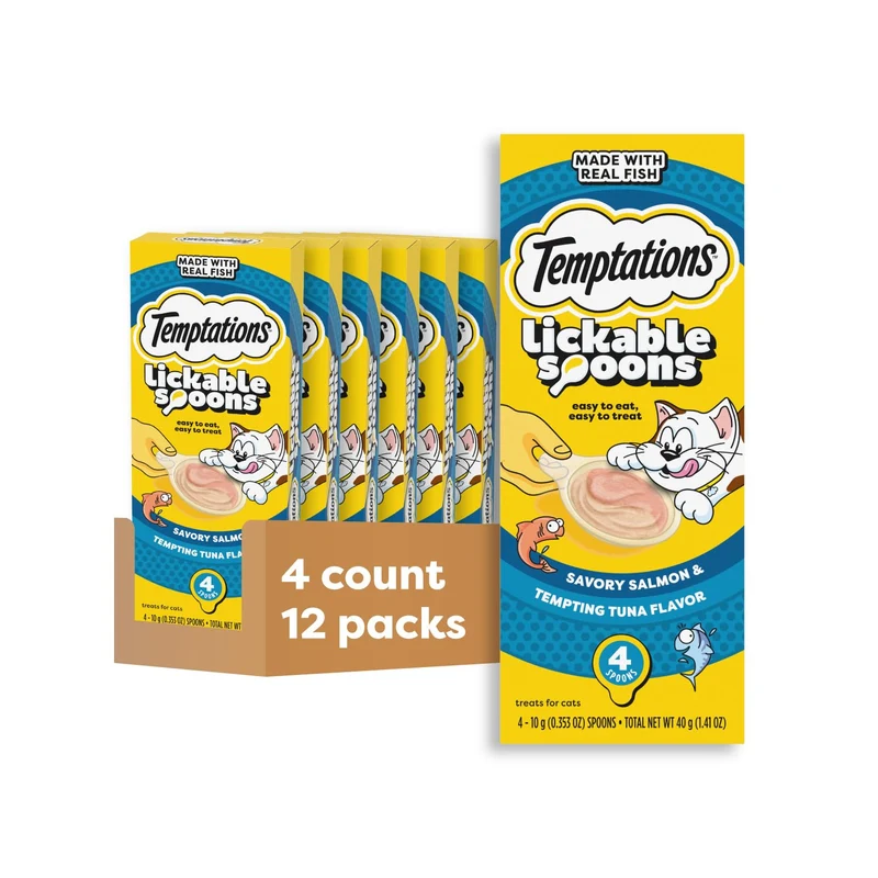 Temptations Cuillères à Lécher pour Chats — Saveurs Saumon et Thon, Lot de 12 (48 Portions)
