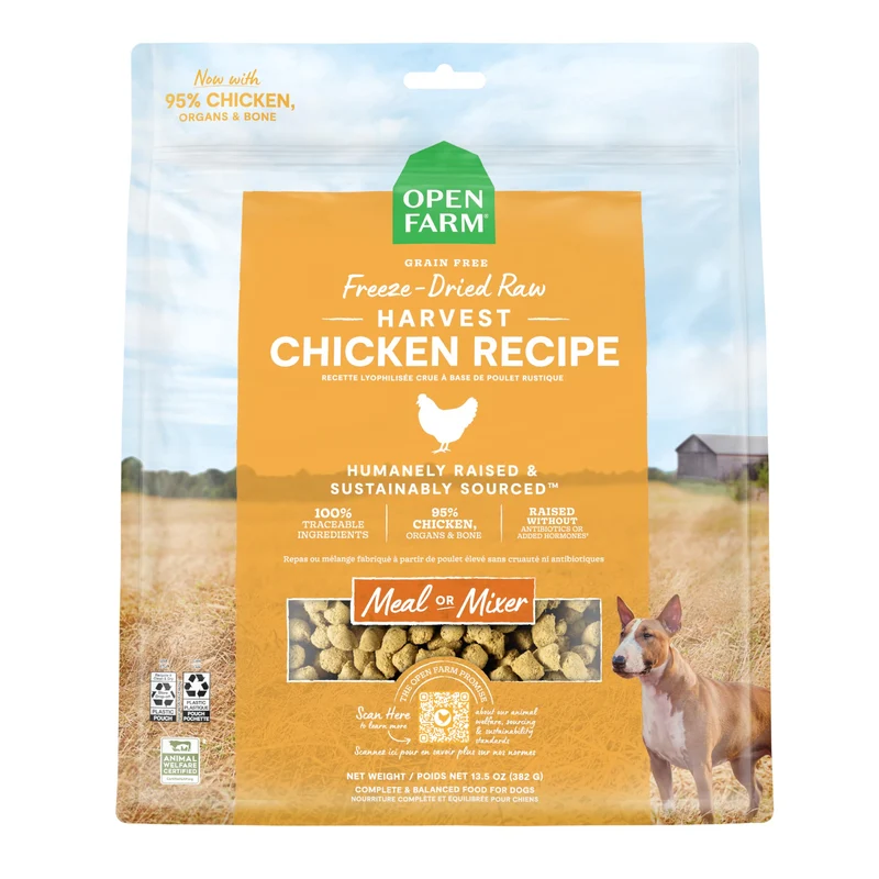 Open Farm – Nourriture Crue Lyophilisée pour Chiens, Morceaux 95% Viande, Organes & Os, Poulet, 13,5 oz