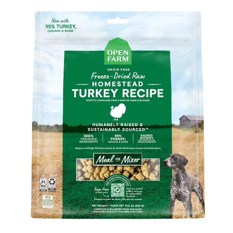 Open Farm – Morceaux dinde lyophilisés pour chien, 95% viande, organes et os, 383 g
