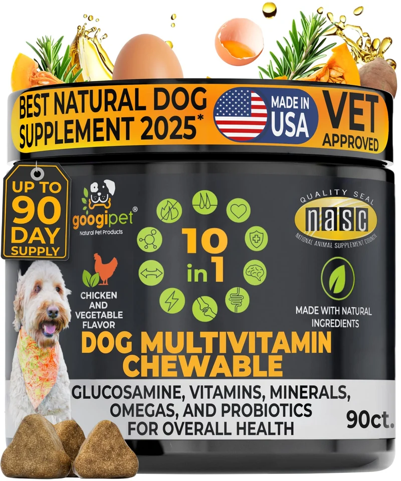 GOOGIPET NATURAL PET PRODUCTS – Multivitamine Chewables pour Chien Premium 10-en-1, Soutien Articulaire, Digestion et Pelage