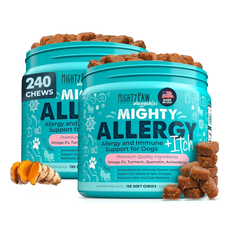 Mighty Paw Waggables Allergie Immunité + Démangeaisons (Fabriqué aux États-Unis) Pack de 2 – Friandises pour Chiens, Vitamines peau et pelage, Omega-3 & Quercétine – 240 pièces