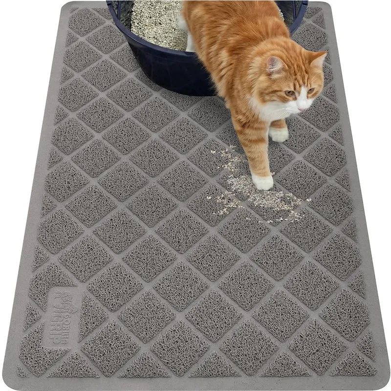 GORILLA GRIP Tapis Litière pour Chat 40x28 – Maille Dense, Anti Déversement, Nettoyage Facile, Gris