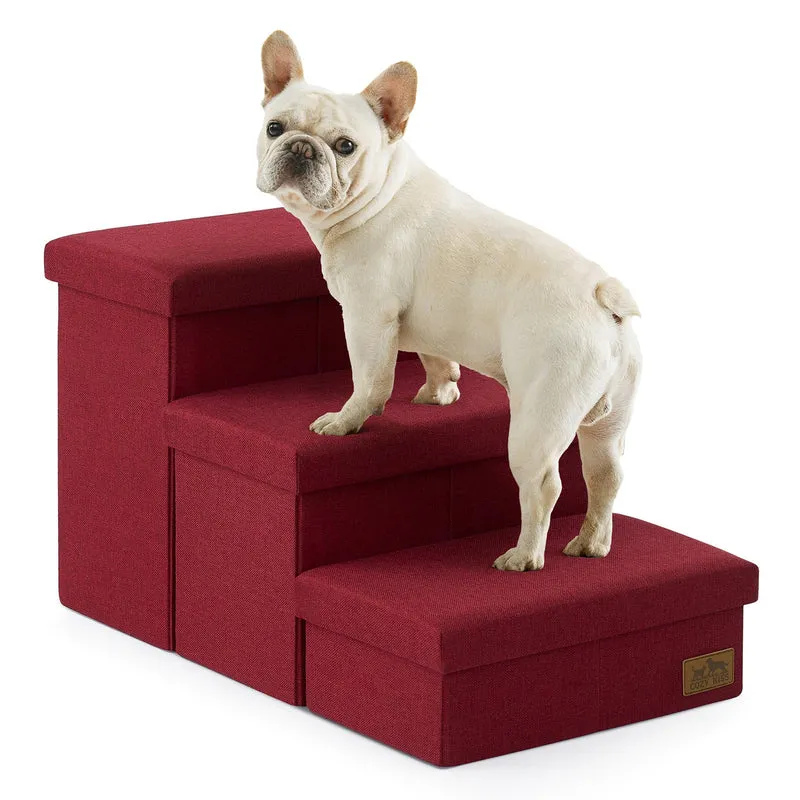 COZY KISS Escalier Chien avec Rangement – 3 Étapes Plus Larges, Robuste, Bordeaux