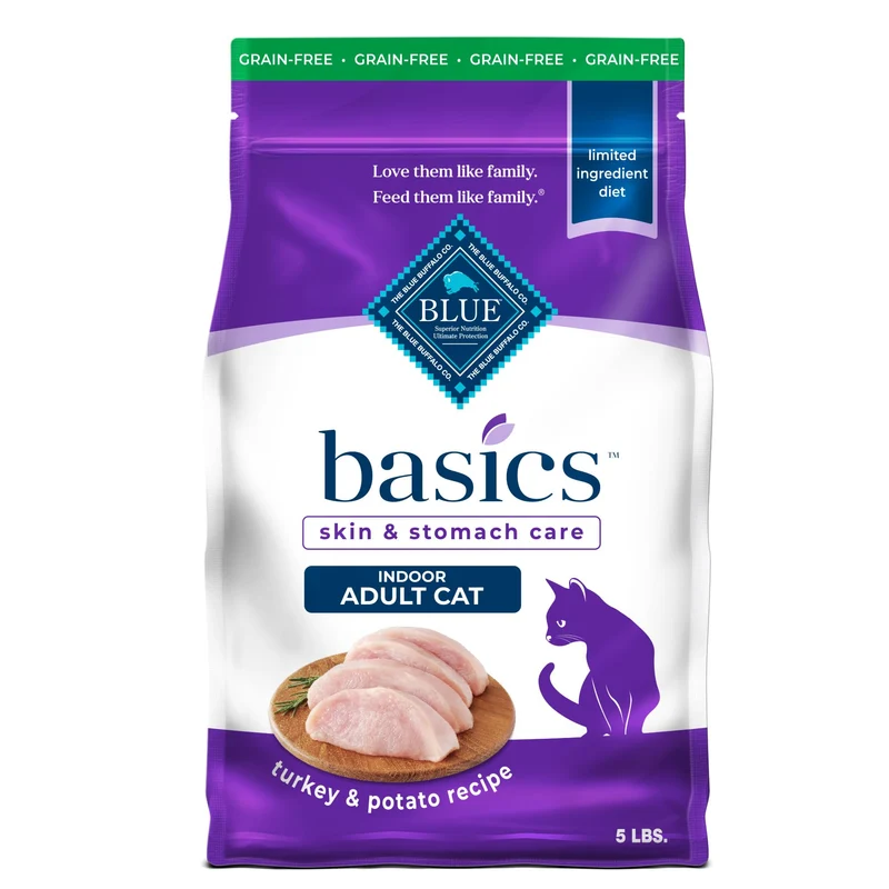 Blue Buffalo Basics – Croquettes Sans Céréales pour Chats d’Intérieur, Soin Peau et Estomac, Dinde et Pomme de Terre, Sac 5 lb