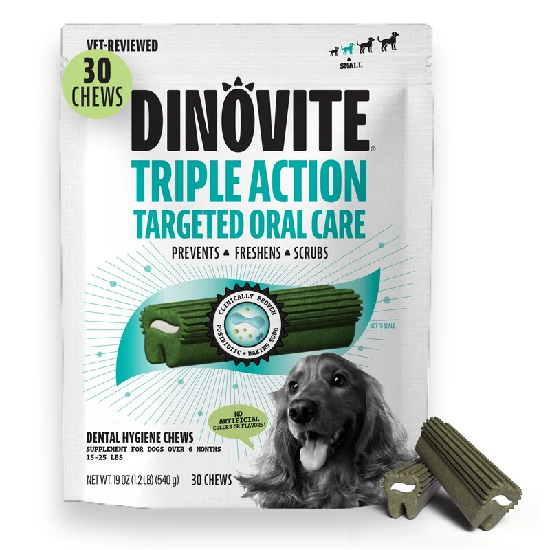 Dinovite Bouchées Dentaires pour Chiens — Action Triple pour Petites Races, Prévention Plaque & Tartre, Haleine Fraîche, Menthe Fraîche, Fabriqué aux États‑Unis, 30 Bouchées