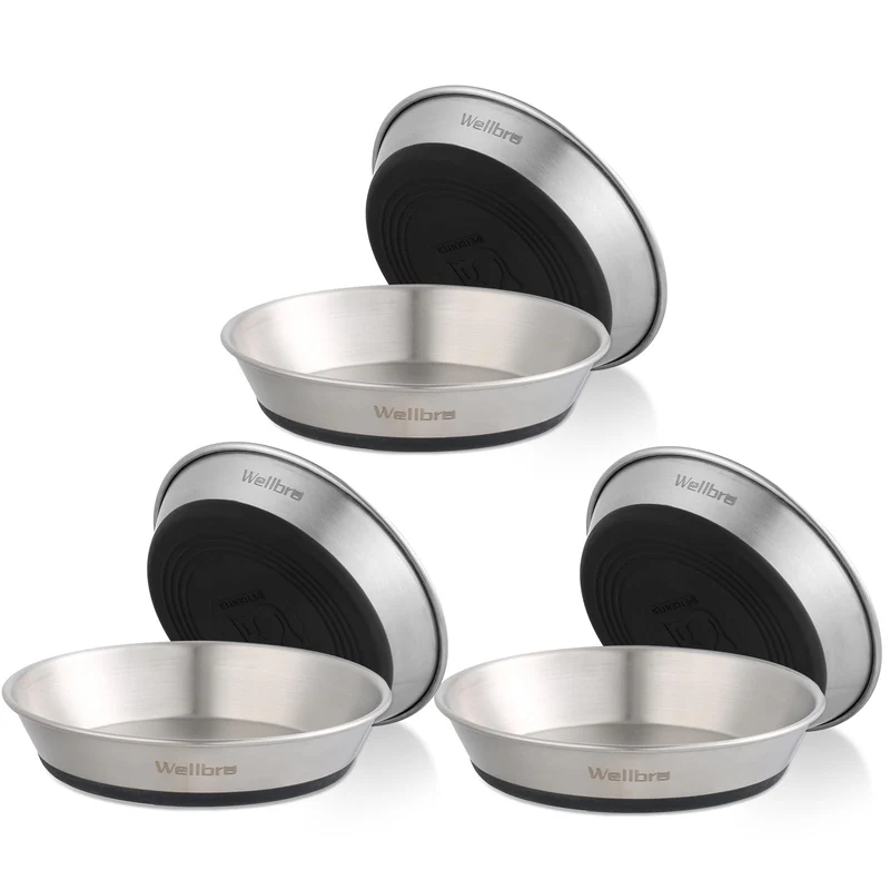 Wellbro Bols Chats en Inox – 6 Pièces Peu Profondes, Antidérapants et Faciles à Nettoyer