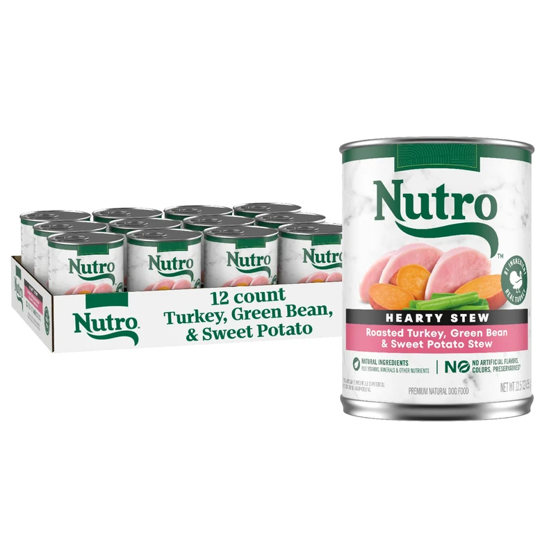 Nutro Hearty Stew – Aliment humide sans céréales pour chien adulte, dinde rôti, haricots verts et patates douces – Boîtes 12 x 12,5 oz