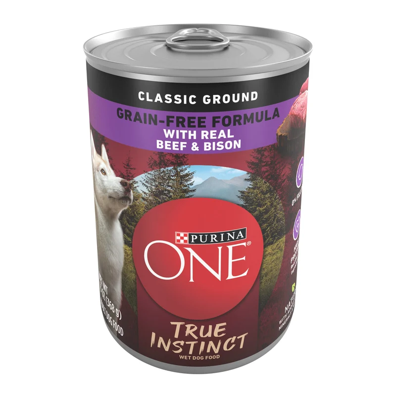 Purina ONE True Instinct Classic Ground – Pâté humide sans céréales au bœuf et bison pour chien adulte, haute protéine | Lot de 12 boîtes de 369 g (13 oz)