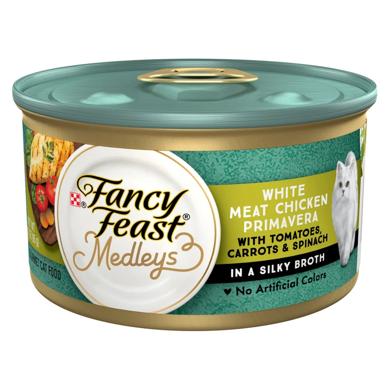Fancy Feast Medleys Primavera – Poulet blanc, tomates, carottes et épinards dans un bouillon soyeux (Pack de 24 x 3 oz)