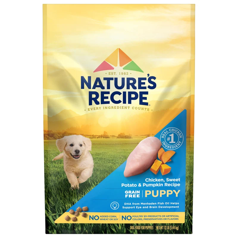 Nature's Recipe Croquettes Sans Céréales pour Chiots — Poulet, Patate Douce et Potiron, Sac de 12 Livres