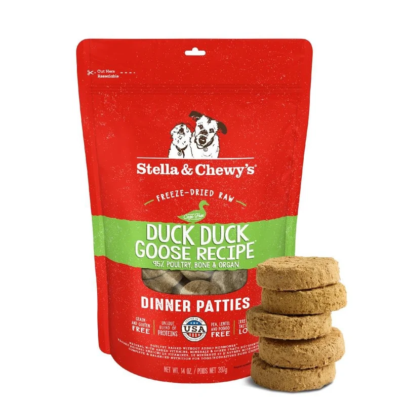 Stella & Chewy's Patties Crues Lyophilisées Canard-Oie – Repas Sans Cereales pour Chiots et Chiens – 14 oz
