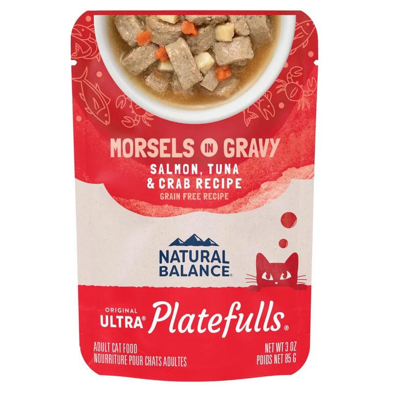 Natural Balance Platefulls Original Ultra – Pâtée humide sans céréales pour chat adulte, saumon-tuna-crabe en sauce, 24 pochons 3oz