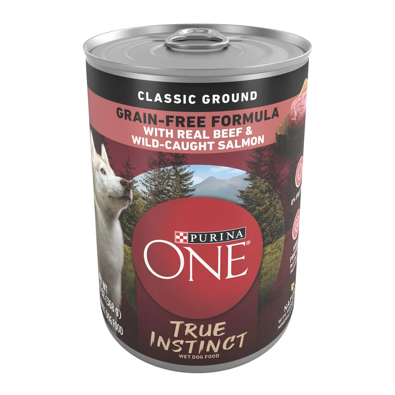 Purina ONE True Instinct Classic — Pâtée humide sans céréales au bœuf réel et saumon sauvage, haute teneur en protéines – Pack de 12 boîtes 375 g