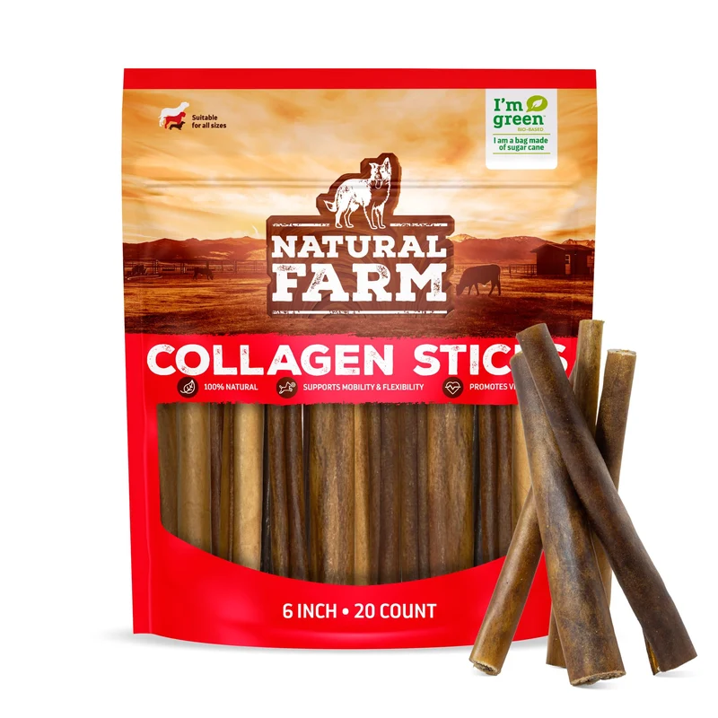 Natural Farm Bâtonnets Collagène 6 pouces – 20 pièces, sans odeur, 95% naturel, soutien articulations, peau et pelage